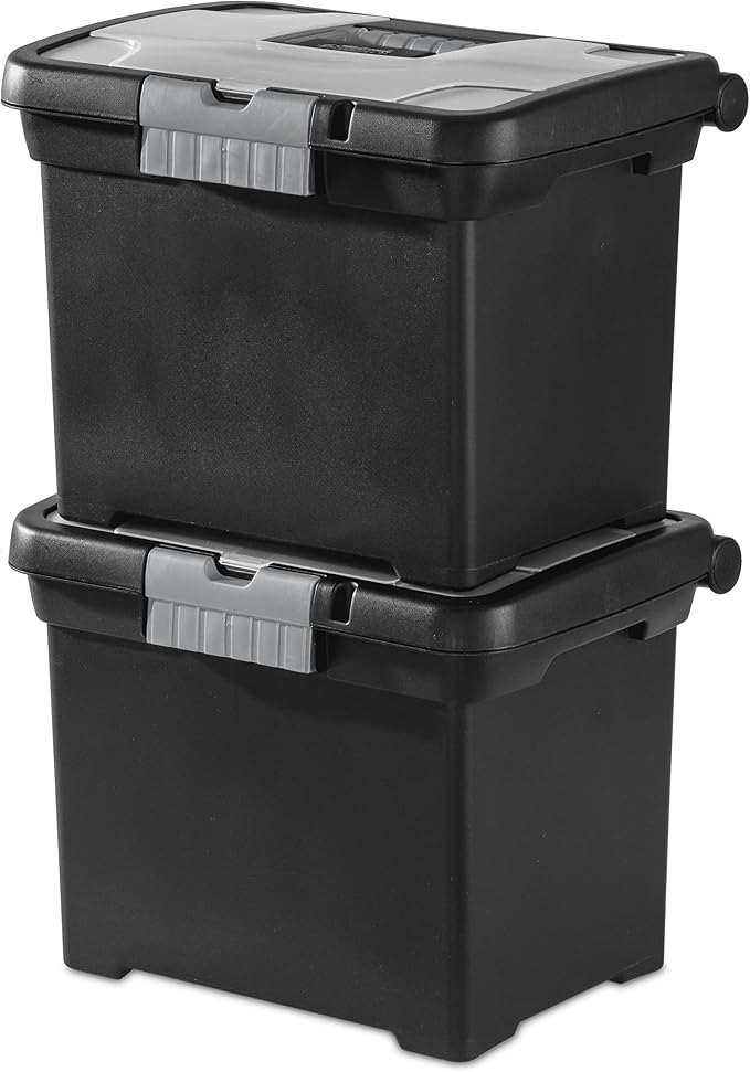 Sterilite Portable File Box with Latching Lids for Home and Office, 4-Pack | Heavy-Duty and Stackable Plastic Containers with Latches for Closet, Cabinet, Bedroom, Bathroom and Dorm Room Organization