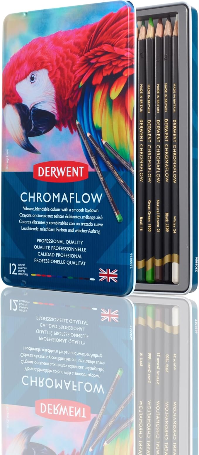Derwent Chromaflow Colored Pencils Tin, Set of 12, Great for Holiday Gifts, 4mm Wide Core, Multicolor, Smooth Texture, Art Supplies for Drawing, Blending, Sketching, Professional Quality (2305856)