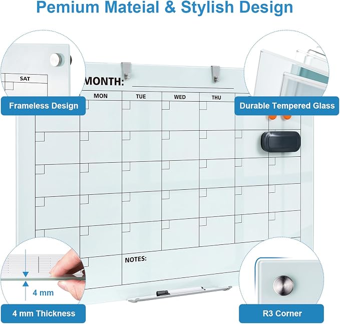 Glass Dry Erase Calendar for Wall, 36 x 24 Inches Magnetic Glass Calendar Whiteboard, 3' x 2' Frameless Monthly Planner Board for Office, Home, School