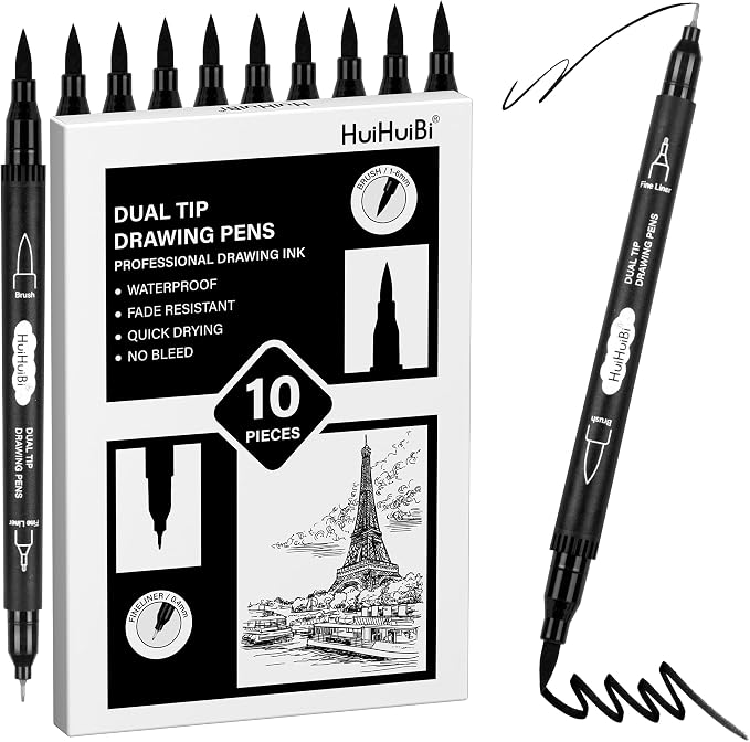 Dual Tip Black Drawing Pens,10 Pack Black Markers for Coloring,Dual Brush Pens with Fine Tip Markers for Art Drawing Sketching Calligraphy