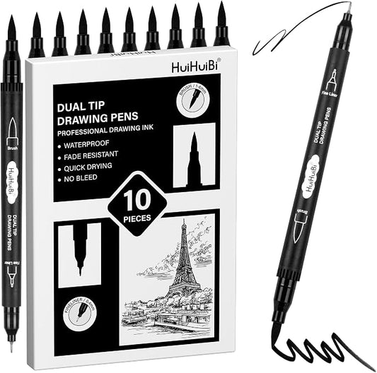 Dual Tip Black Drawing Pens,10 Pack Black Markers for Coloring,Dual Brush Pens with Fine Tip Markers for Art Drawing Sketching Calligraphy