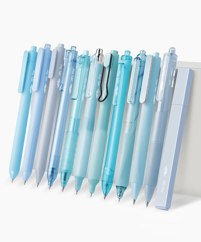 Mr. Pen- Pastel Blue Gel Pens Set, 12 Pack | Black Ink Cute Writing Pens with 1 Aesthetic Highlighter, 0.5 mm, Smooth Gel Pens for Journaling, Aesthetic Girly Stationery