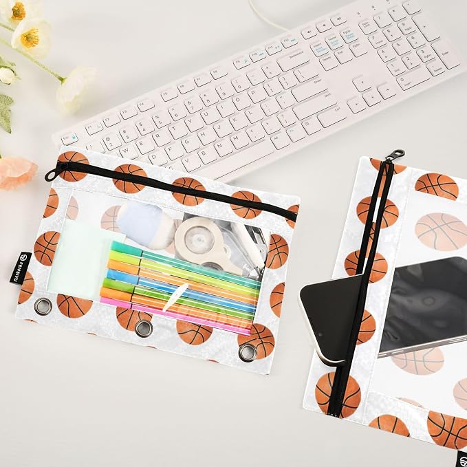 Basketball Pencil Pouches for 3 Ring Binder, Zipper Binder Pencil Case, 2 Pack Clear Window Case Bag for Office Organizers