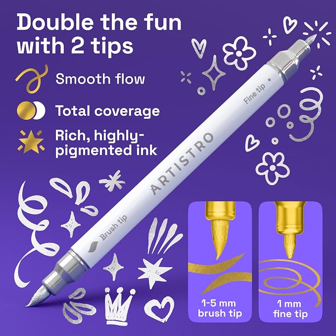ARTISTRO Gold & Silver Acrylic Paint Pens – Dual Tip Markers – Brush & Fine Tip Paint Pens for Calligraphy, Crafts, Greeting Cards, Ornament Decor, DIY Art