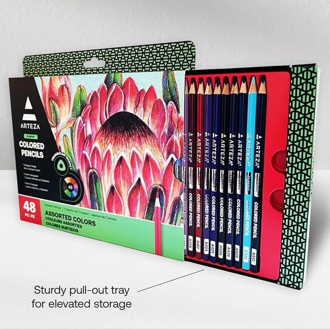 Arteza Colored Pencils, 48 Colors, Soft, Highly-Pigmented, Wax-Based Core Pencil Crayons, Art Supplies For Adults & Teens