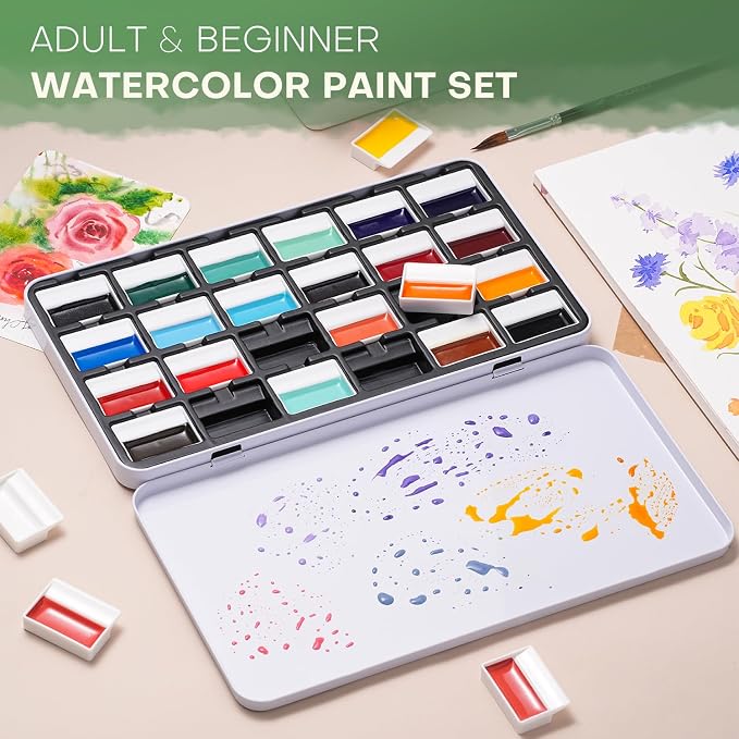 Fuumuui 24 Opaque Semi-Solid Watercolor Paint Set, Vivid Bright Professional Art Supplies with Strong Pigments & Coverage, for Artists Beginner Painters Amateur Hobbyists Painting