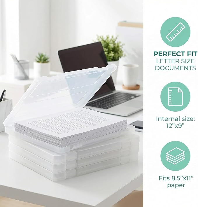 Hiceeden 4 Pack Plastic Project Case for 8.5"x11" Letter File, Trasparent Scrapbook Paper Storage Box Slim Document Holder Organizer for Magazine, Office Supplies, School