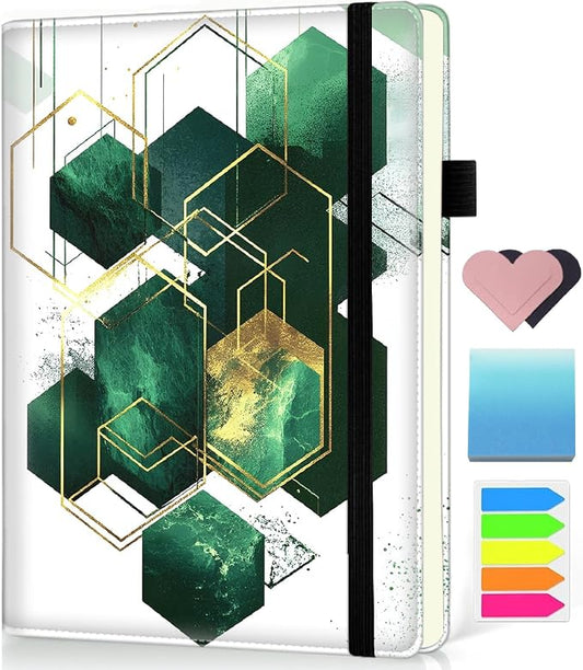 Hardcover Executive Notebooks, A5 PU Leather Lined Journal Notebook, 200 Pages Thick Paper Subject Notebooks for School,Work,Home Writing Business Notebook, Diary Book ，Emerald Gold Abstract