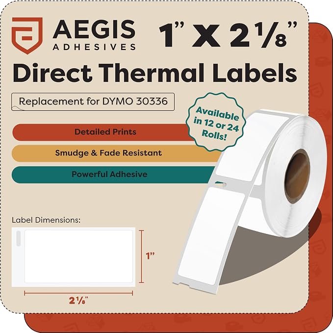 Replacement for DYMO 30336 (12 Rolls, 6000 Labels) 1" X 2 1/8" | Direct Thermal Barcode and Address Labels - Compatible With LabelWriter 450, 450 Turbo, 4XL (NOT 550, 5XL) - Aegis Adhesives