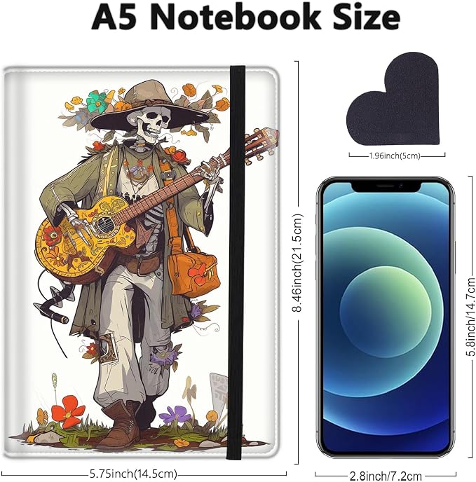A5 Leather Lined Journal Notebook, 200 Pages Hardcover Executive Notebook for Office School Note Taking,Thick Writing Paper Daily Journal with Bookmarks/Indexes, Skeleton Playing Guitar in Flowers