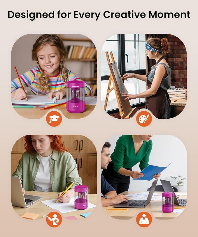Electric Pencil Sharpener for Classroom, Fully Automatic Pencil Sharpener for 6-8mm & Colored Pencils, Auto in & Out Type-C Rechargeable Pencil Sharpeners for Home, School
