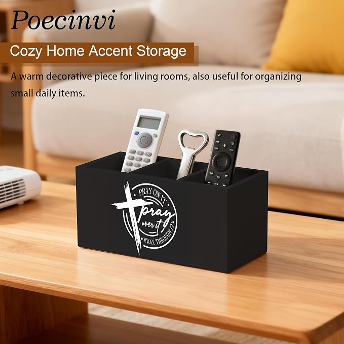 Pray on It Pray over It Christian Pen Holder for Home Office Desk, Black Cross Inspirational Bible Verse Wooden Box Sign Pencil Holder for Desk Shelf Organizer