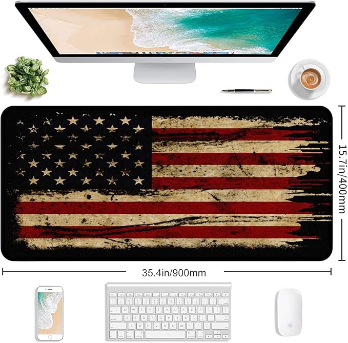 Retro American Flag XL Gaming Mouse Pad with Stitching Edge Laptop Desk Mat | Large Extended Mouse Pad; Full Desk Coverage; Waterproof Coating; Stable Anti-Slide Base For Gaming, Office, Study Daily Use