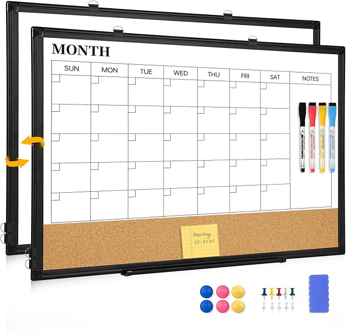 Monthly Dry Erase Calendar Whiteboard with Corkboard, 36" x 24", Black | Magnetic, White Board Cork Board Combo, Double Sided, Wall Mounted, Aluminum Frame, for Home, Office, Kitchen, Dorm