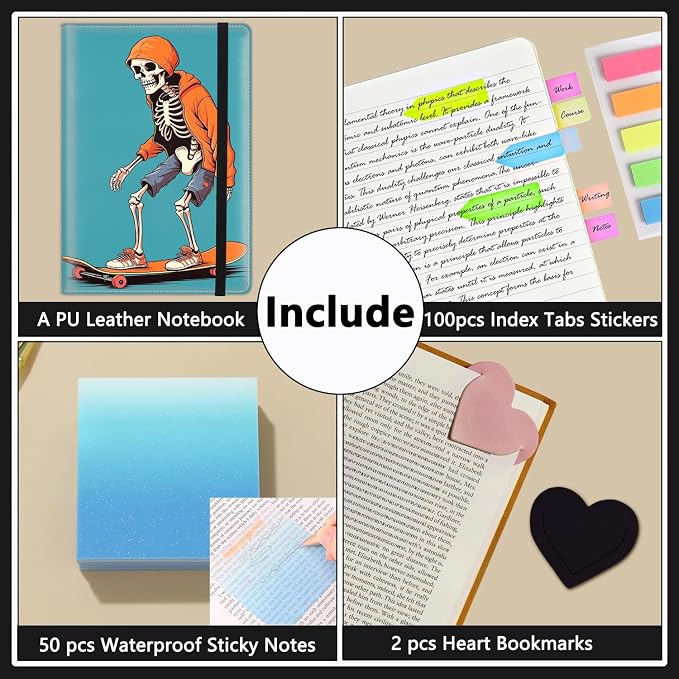 A5 Leather Lined Journal Notebook, 200 Pages Hardcover Executive Notebook for Men Women Office School Note Taking, Thick Writing Paper Daily Journal with Bookmarks/Indexes, Skateboard Skeleton