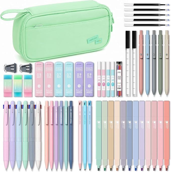 Four Candies 56 PCS Aesthetic School Supplies with Pencil Case (Mint Green) | 6 Multicolor Pens, 12 Pastel Highlighters, 5 Black Gel Pens, 9 Mechanical Pencils, Student Stationery Set College Essentials