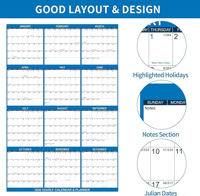 2026 Wall Calendar 24" x 36" Dry Erase Calendar for Wall from January 2026 to December 2026 12 Month Annual Large Yearly Wall Planner for Office School(Blue)