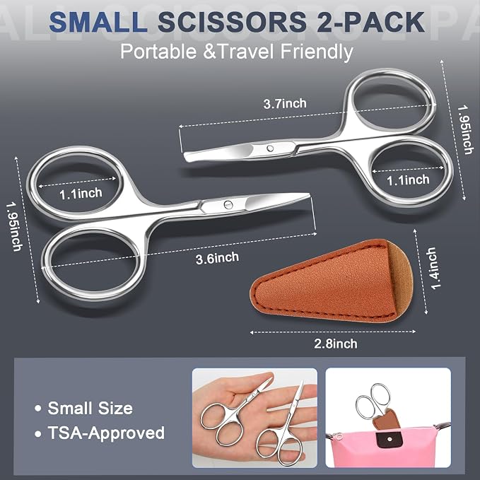 2 Pack Eyebrow Nose Hair Scissors, Stainless Steel Rounded Tips | Small grooming scissors for mustache, beard and facial hair. Compact 2.7 inch for travel. Rounded tips for men and women.