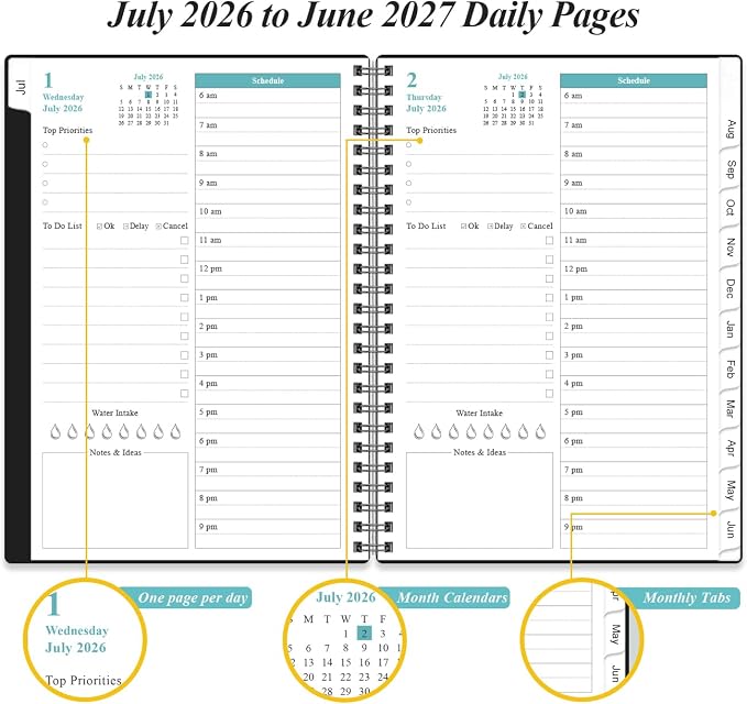 2026-2027 Daily & Monthly Planner - One Page Per Day, Daily Planner from July 2026 to June 2027, Planner 2026-2027 with 12 Monthly Tabs, 6.4" x 8.5", Black