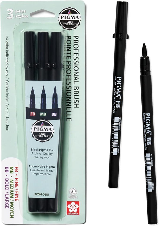 SAKURA Pigma Professional Brush Pens - Archival Black Ink Pens - Pens for Lettering, Modern Calligraphy, or Drawing - Brush Nibs - 3 Pack