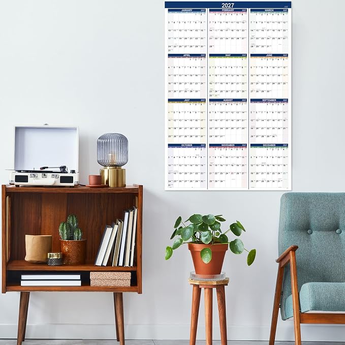 2027 Yearly Wall Calendar - Calendar 2027,Jan 2027 - Dec 2027, Yearly Planner, 34.3" x 22.8"(Open), Large Wall Calendar 27 with Premium Paper, Double-Sided Small Round Sticks, Azure