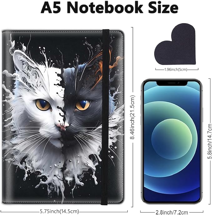 A5 Leather Lined Journal Notebook, 200 Pages Hardcover Executive Notebook for Men Women Office School Note Taking, Thick Writing Paper Daily Journal with Bookmarks/Indexes, Black and White Cat