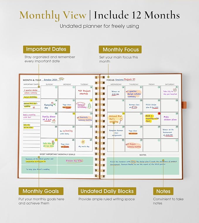 Undated Weekly and Monthly Planner, B5 Large Weekly To Do List Notebook with Goal & Habit Tracker Organizer, Hardcover Spiral Bound Blank Monthly Planner for Work School Home 7.4" x 9.64" Brown