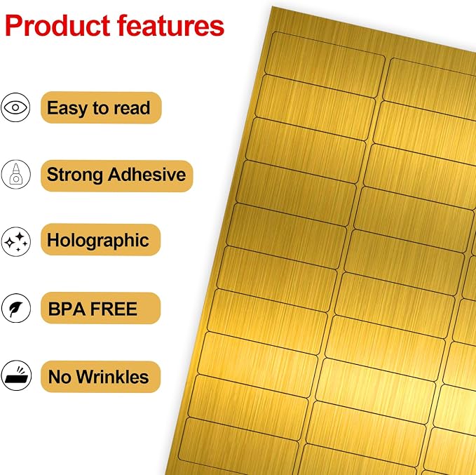 1" x 2-5/8" Address Labels- Gold Shipping Labels Stickers/Mailing Labe Stickers for Laser/Inkjet Printer, Matte Gold, 8.5”×11"- 20 Sheet