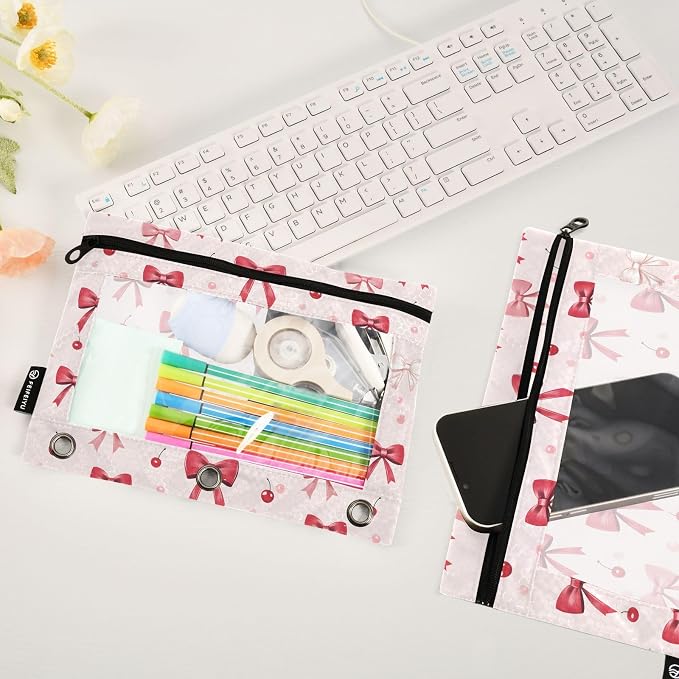 ALAZA Pencil Pouch for 3 Ring Binder, Red Bows Cherry Binder Pencil Pouches with Clear Window Zipper Pencil Case Cosmetic Bags for Office College Supplies, 2PCS