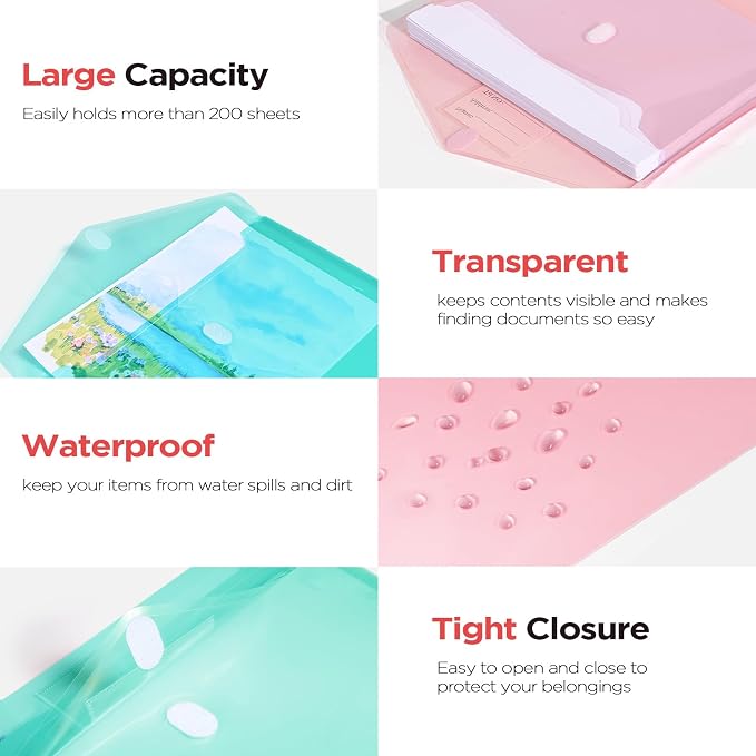 Sooez 20 Pack Plastic Envelopes, Plastic File Folders, Clear Folders | Trendy Colors, Super Heavyweight Document Holders, Storage Pouches, File Envelopes for School Office Supplies