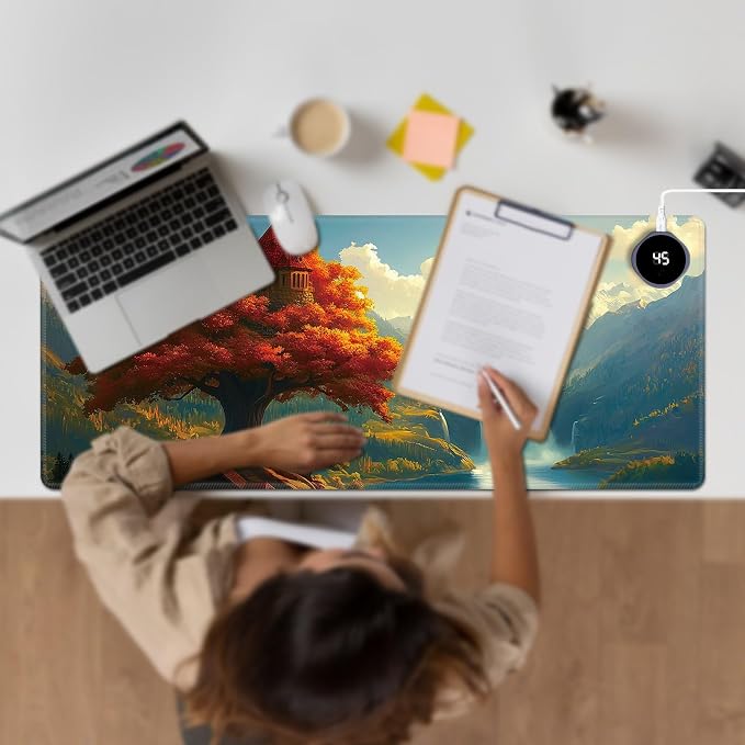 Heated Desk Pad Large Mouse Pad 31.5 x 13 inch with 3 Levels Heating & Auto Shut-Off Warm Mouse pad PU Leather Computer Mousepad for Home Office Work - Maple Leaf