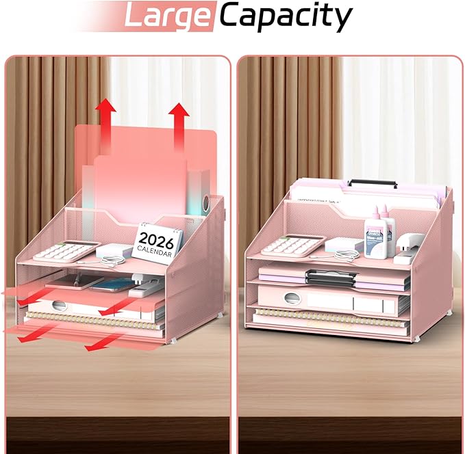 Desk File Organizer, 4 Letter Trays and 2 Upright Sections, Pink | Paper Organizer for Desk with Tiered Letter Trays and Vertical File Holders for Home Office, School and Workspace Use