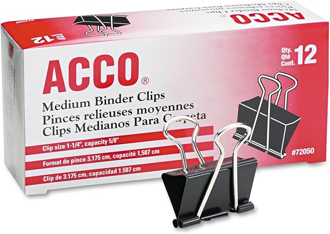 Acco 72050 Medium Binder Clips, 1-1/4-Inch W, 5/8-Inch Cap, Blk/Silver, Sold as 1 Dozen