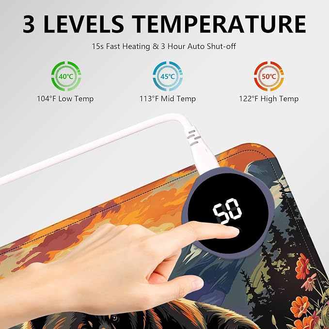 Heated Mouse Pad with 3 Levels Heated & 3 Hours Auto Shut-Off Mouse Pad for Warming Hands in Office Home, 31.5" x 13"Large Safe Desk Mat Hand Warmer，Black Bear