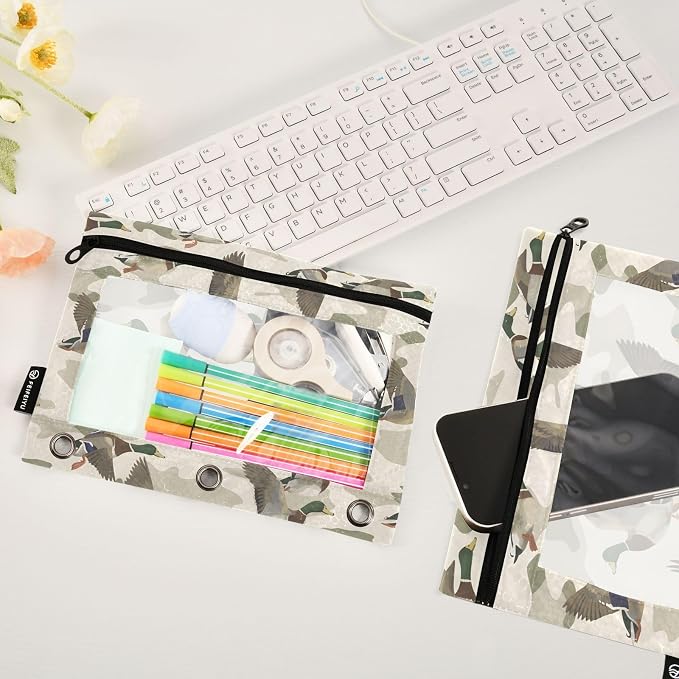 ALAZA Wild Duck Camouflage Pencil Pouch for 3 Ring Binder 2 Pack Zipper Binder Pencil Bag Case with Clear Window Office Supplies