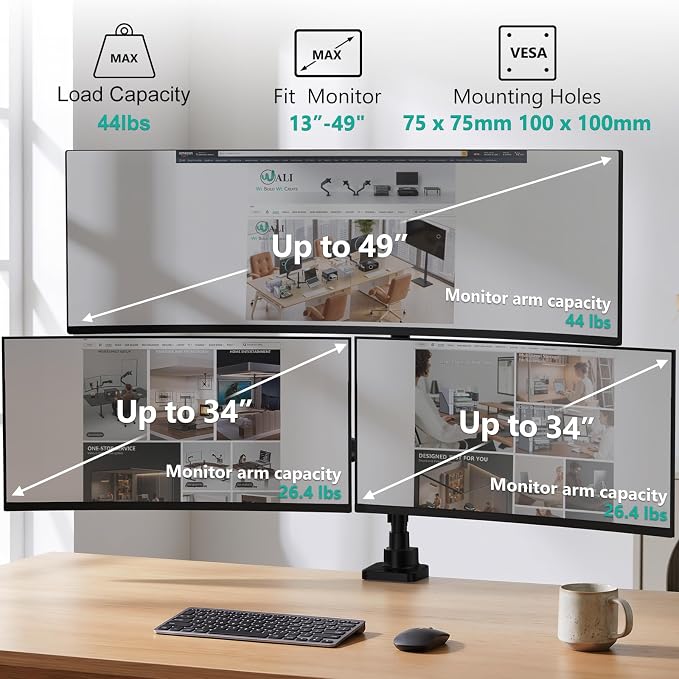 WALI Triple Monitor Mount, up to 49'' Ultrawides on Top Bracket and 34'' Screens on Side Brackets, Extra Tall 3 Monitors Desk Mount, Heavy Duty Monitor Arm up to 44 lbs (GSDM003N-P), Black