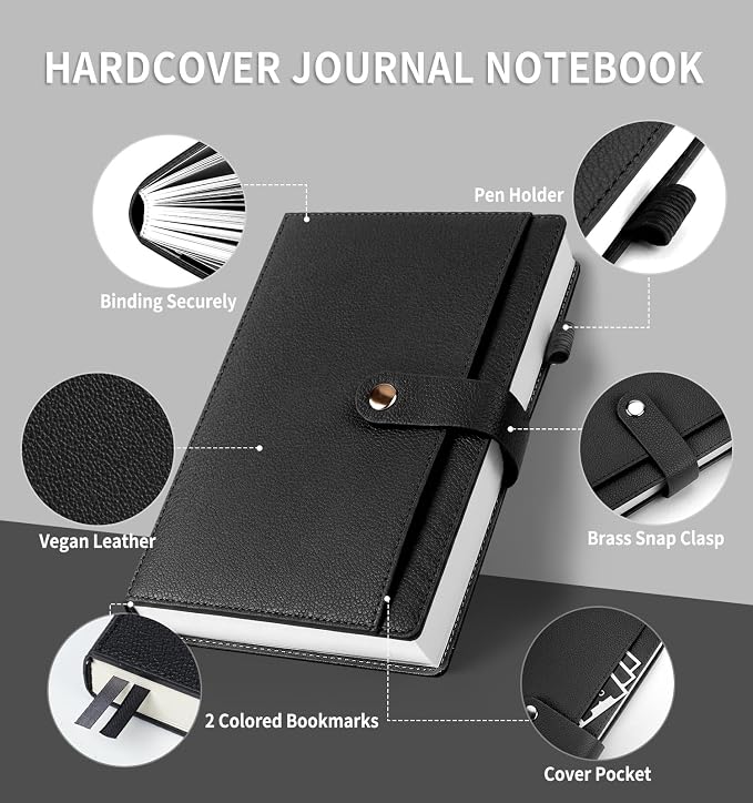 A5 Lined Journal Notebook for Women Men, Hardcover Journals for Writing, 320 Pages 100GSM Thick Paper, Daily Journal Notebook for Work, School, Note Taking, Business, Travel（Black）