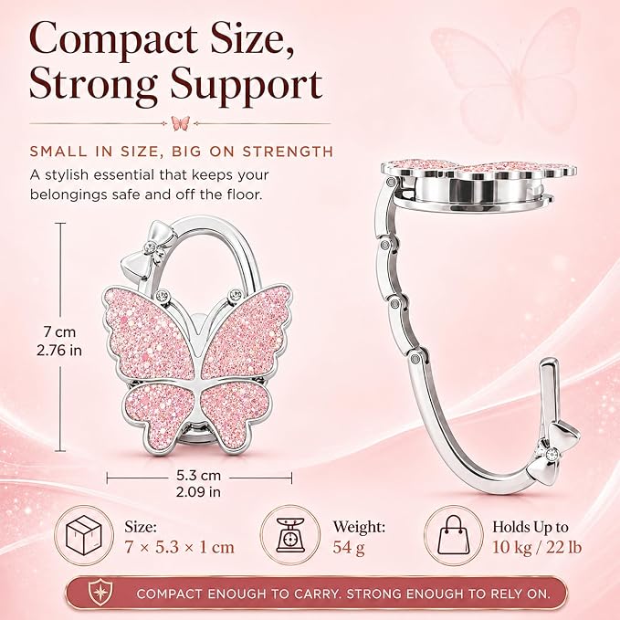 Purse Hook for Table, Foldable Handbag Hanger for Women, Portable Bag Holder with Non-Slip Base, Cute Bling Pink Glitter Butterfly Purse Table Hook for Restaurant Office Travel Gift