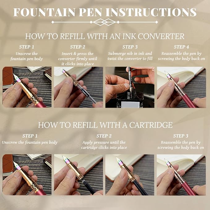 YUNCHUN Refillable Fountain Pen Medium Nib, Fancy Ink Pen with 10 Black & 10 Blue Ink Refills Cartridges, Cool Ink Pens for Writing, Business Metal, Best Gift Set for Men & Women, Red