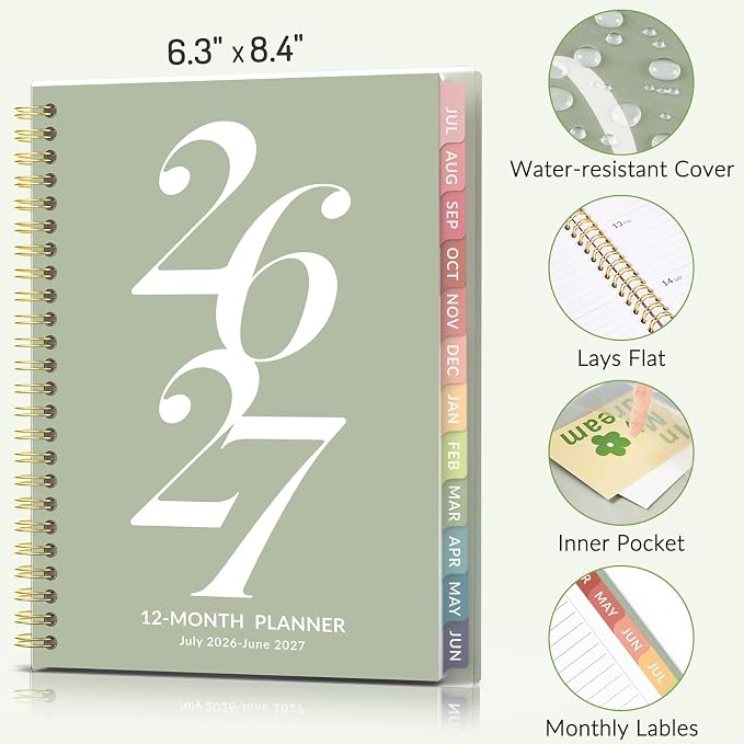 Forvencer Planner 2026-2027, July 2026 - June 2027, 6.3" x 8.4" Academic Planner Monthly and Weekly Calendar Planner with Spiral Bound, Month Tabs, Flexible Cover for School Office (A5, Pink)