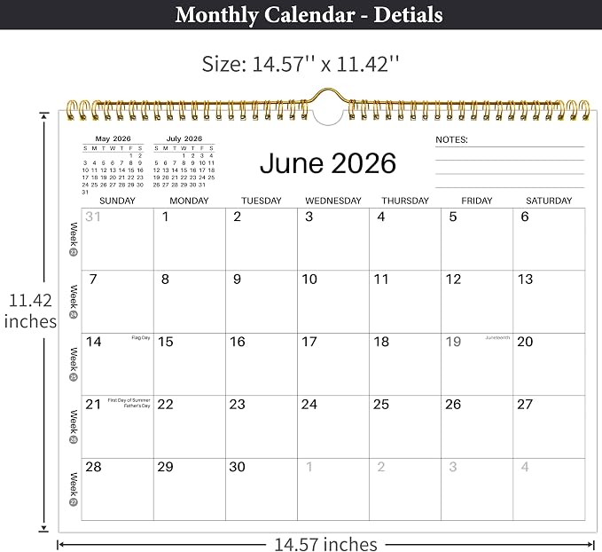 Wall Calendar 2026-2027 - June 2026 - December 2027, 19 Monthly Calendar 2026-2027, 14.6" x 11.42", with Large Daily Blocks, Thick Paper, Holidays, Week's Numbers＆ Notes, Minimalist Design