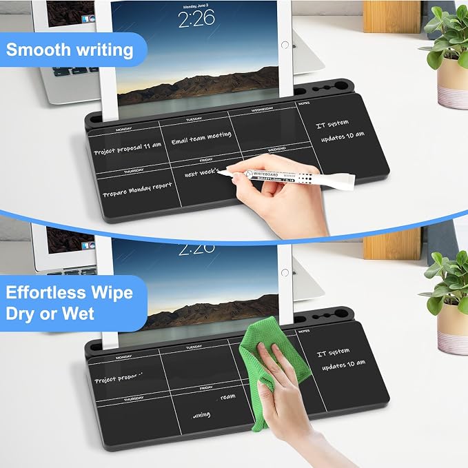 Desktop Glass Whiteboard with Storage, Weekly Calendar Desk White Board | Computer Keyboard Stand, Office Desk Organizers and Accessories with Drawer, To Do Memo Notepad, Home School Supplies