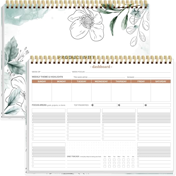 Weekly Productivity Planner - 8.5" x 11" Dashboard Desk Notepad Has 6 Focus Areas to List Tasks for Goals, Projects, Clients, Academic or Meal-Organize Your Daily Work Efficiently, 54 Weeks, Blue Flower
