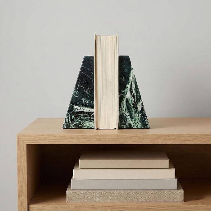 Natural Marble Bookends for Shelves,Office bookends for Heavy Books. Unique Brown Book Ends, Set of 2,Heavy Duty (Green)