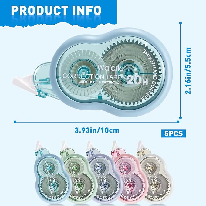 Correction Tape with Dispenser, 65.6ft, Tear-Resistant, Easy-to-Use Applicator, for Office or School, 5-Pack (5, Multicolor)