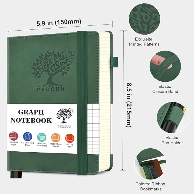 PERCUN A5 Graph Paper Notebook, Leather Journal, 160 Pages Grid Notebook | 5.9"x8.5" hardcover journal with quad ruled paper for work, school, writing, notes, journaling and daily planning.