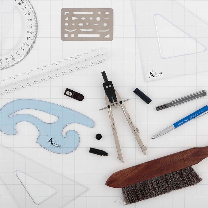 Acurit Drafting Tools Architect Set, 10 Piece Drafting Kit for Architects & Artists: Protractor, Compass, Architect's Scale, 2mm Pencil, Eraser Shield, Triangles, French Curve, Brush