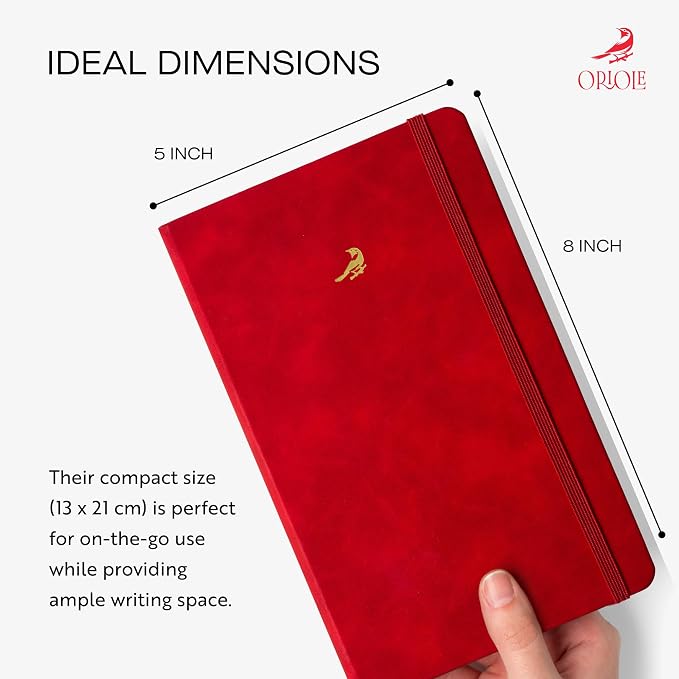 Oriole Vegan Leather Ruled Notebook - Cherry Red | 176 Pages of Thick Lined Paper | Soft Touch Hardcover Journal (5 x 8 in) with Gold Foil Bird Design & Luxury Gift Box