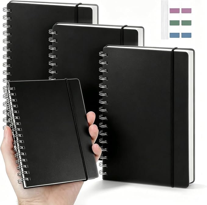 4 Pack Small Spiral Notebooks 3.5 x 5.5 in College Ruled, Mini Spiral Notebook, Waterproof 80 Sheets/160 Pages, Pocket Notebook with 120 Pcs Sticky Index Tabs for Home Office College School (Black)