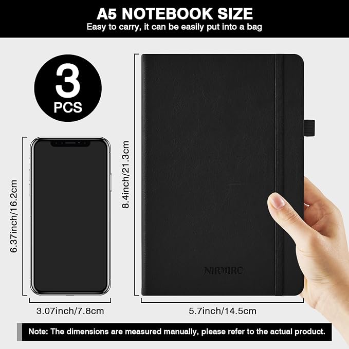 (3 Pack) Lined Journal Notebook with Pen, A5 (5.7"x8.4") Leather Hardcover Journaling Notebooks for Women Men Work, 160 Pages per Note Book, 100GSM Paper, School Office Supplies, Black